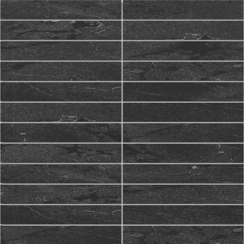 Societal 1" X 6" Porcelain Stone Look Tile Mosaic Sheet, Obsidian Whisper