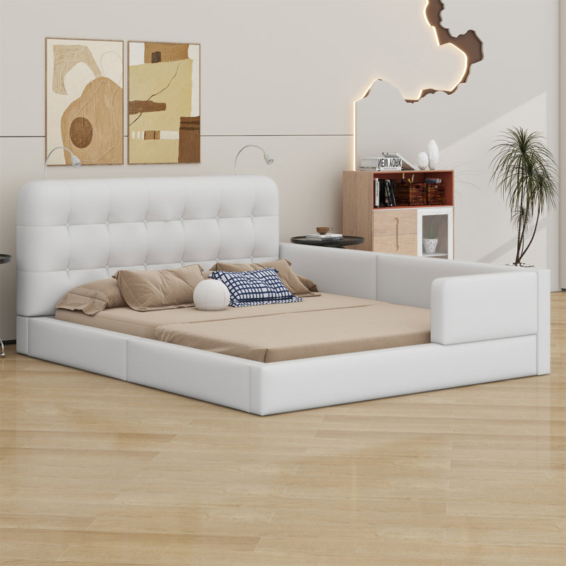 Upholstered Platform Bed With Reading Lights, White