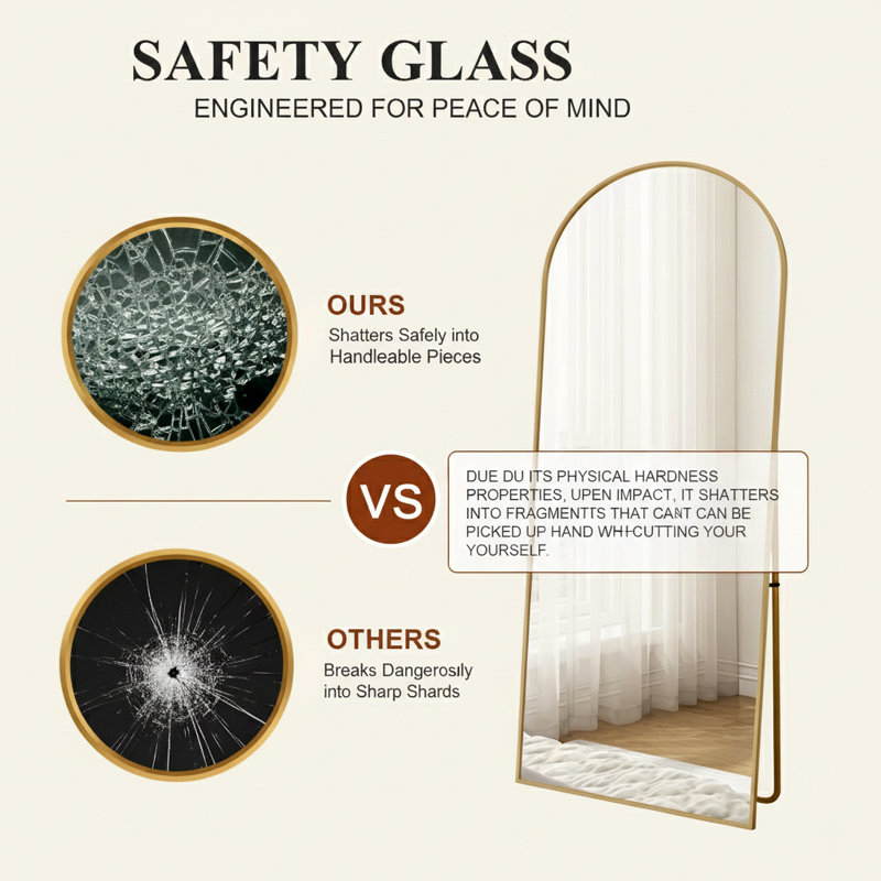 2-in-1 Artsy Arch Aluminum Frame Full Length Dressing Mirror with U-Shaped Stand, Shatterproof Tempered Glass Freestanding & Leaning Floor Mirror