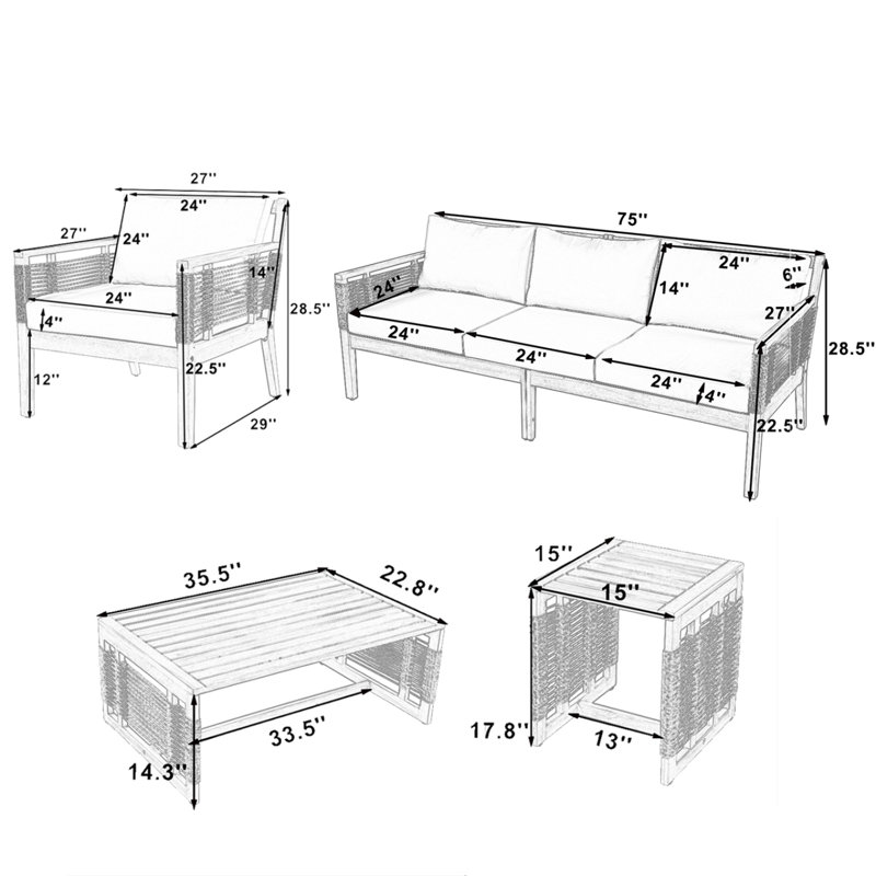 Ensemble de canapé de patio 5 pièces avec détails en corde et tables basses