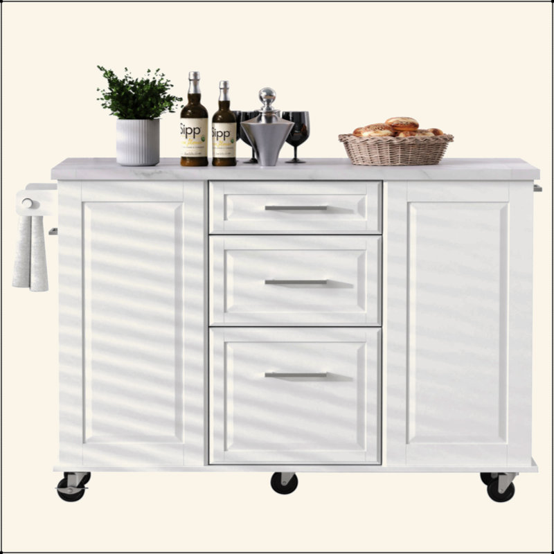 Îlot de cuisine de 50,7 po avec rangement, poubelle inclinable et organisateur de rangement escamotable, îlot de cuisine sur roulettes à 5 roulettes avec abattant, 2 tiroirs, 1 porte pour la cuisine, la salle à manger
