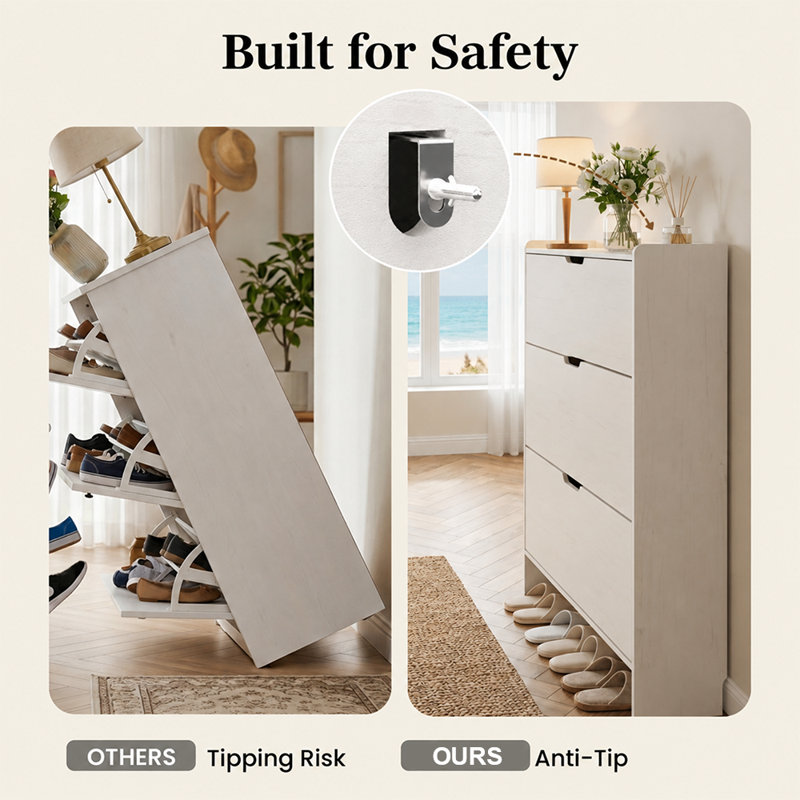 52-Inch Slim Shoe Storage Cabinet with 3 Flip Drawers and Open Shelf