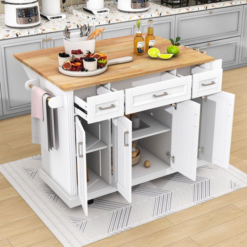 Rolling Kitchen Island Cart with Rubber Wood Drop Leaf, Storage Cabients and Soft Close Drawers, White