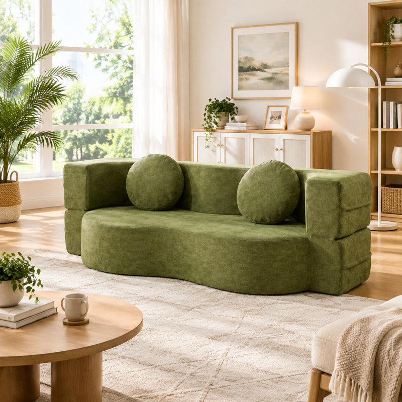 Canapé-lit pliant 2 en 1 avec oreiller, en lin et coton vert, convertible en fauteuil de sol et couchage d'appoint, aucun assemblage requis