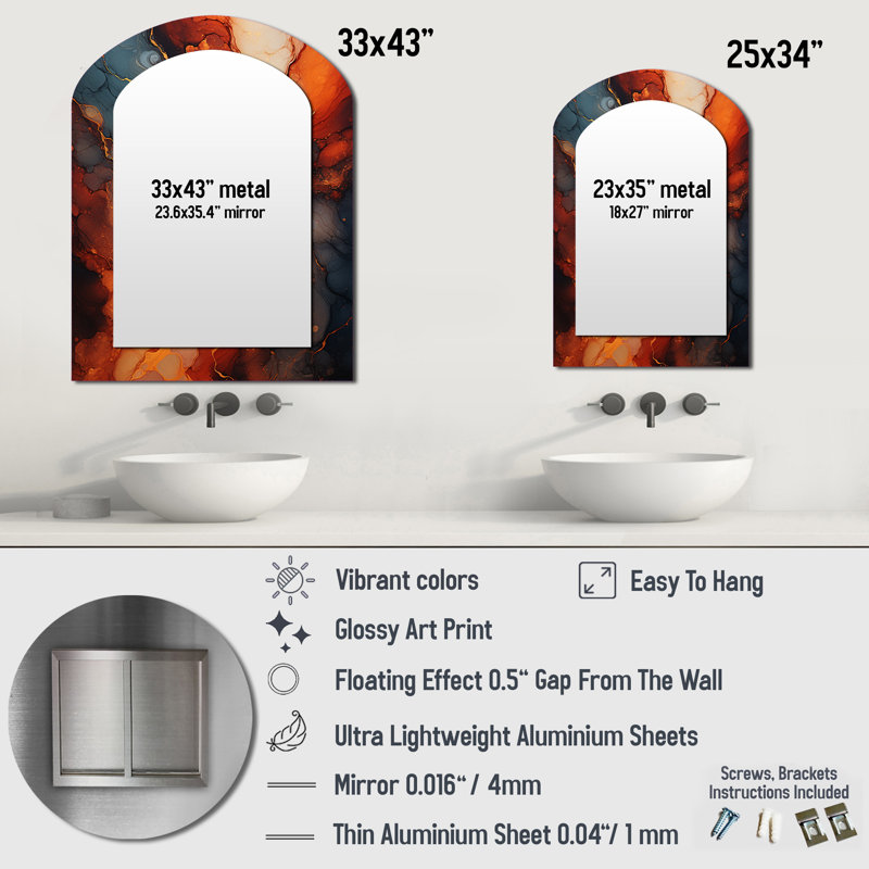 Molten Muse Fiery Flame I - Liquid Ink Arch Wall Mirror, Orange Asymmetrical Decorative Mirror, Printed Metal Art, 43" x 33"