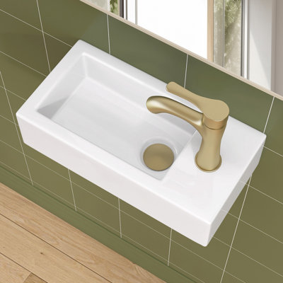 Small Bathroom Sink, 15"X7" Mini Rectangle Wall Mount Vessel Sink For Bathroom Powder Room Cloakroom, Floating Space Saving Design, Easy To Clean White Ceramic Wash Basin (Right Hand)﻿