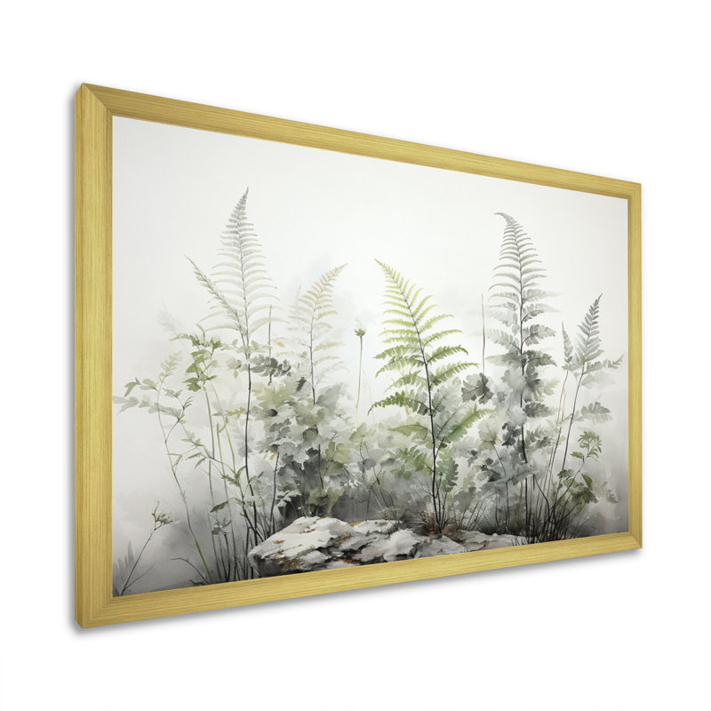 Ferns Silver Whispers I - fougères, art mural encadré, H 16 po x l 32 po x P 1 po, Cadre doré simple