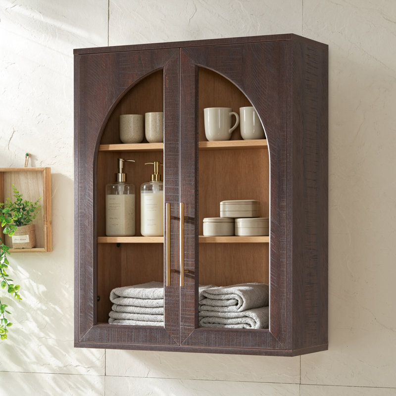 Modern Arched Bathroom Wall Cabinet With Glass Doors, Brown -3 Pcs, 31.4" H x 70.8" W x 9.4" D