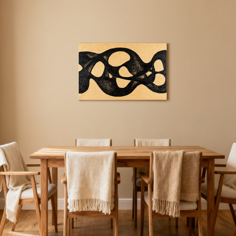 Ensemble de 1 tableau sur toile tendue à motif de vagues abstraites à l'encre noire, H 20 po x l 30 po