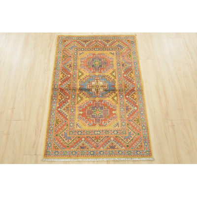 Kazak Rug 2’8” X 4′ Gold Wool Tribal Hand-Knotted Oriental Carpet