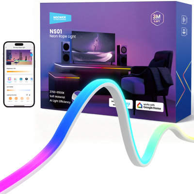 9,84 pi / 3 m de bandes lumineuses à DEL allumées à l'avant, lumière artificielle à cordes néon intelligentes RVB, contrôle des couleurs changeant pour la chambre à coucher