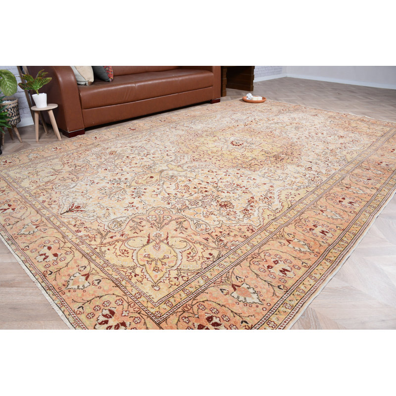 Antique Beige Turkish Wool Area Rug with Floral Design for Oversize Living Room Spaces