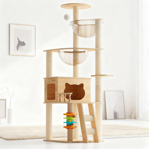 Tour à chat moderne, tour d'arbre à chat en bois pour chats d'intérieur, arbre à chat avec poteaux à griffer et perchoir supérieur recouverts de sisal, condo pour chat avec hamac en acrylique pour petits chats de grande taille