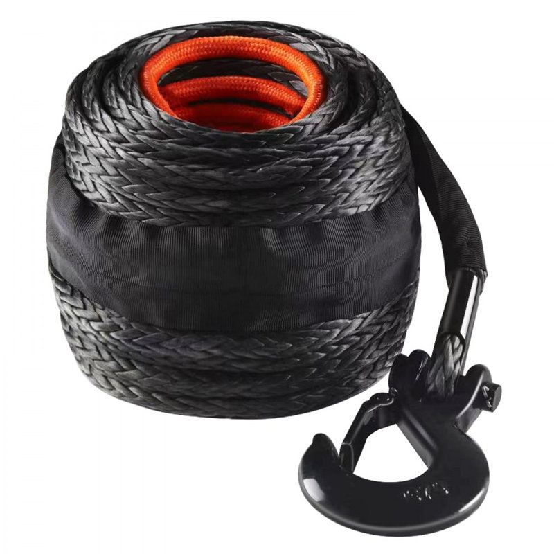 Corde de treuil synthétique, corde de câble de treuil synthétique de 3/8 pouce x 85 pieds 26,500 lbs avec manchon de protection + crochet de treuil forgé + sangle de traction, ajustement universel pour VUS, grand véhicule tout-terrain, camion
