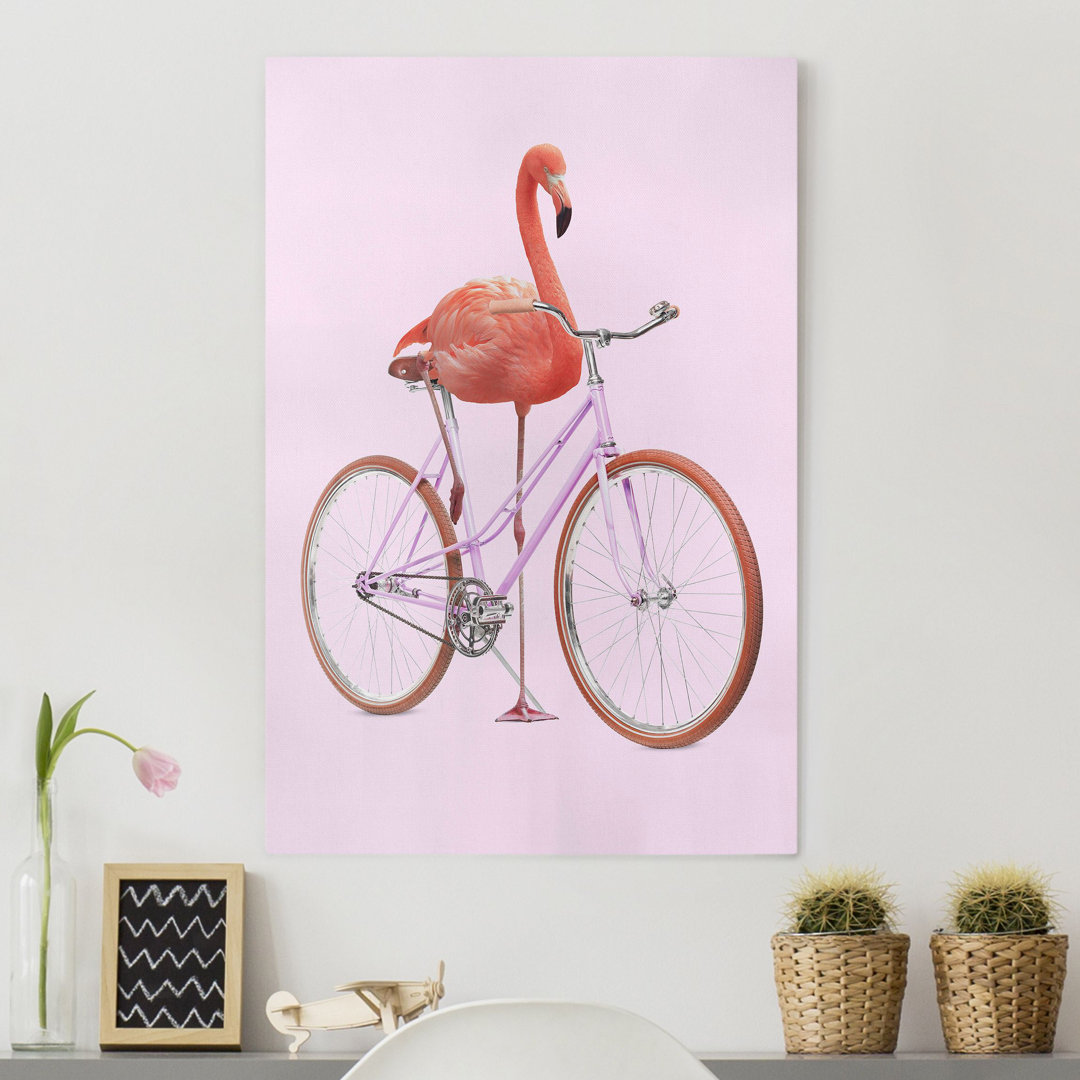 Leinwandbild Flamingo mit Fahrrad von Jonas Loose