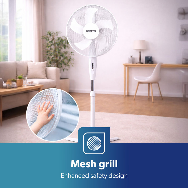 GEEPAS 16” Pedestal Free Standing Cooling Fan | 3 Speeds 5 Blades Wide Angled Oscillation Pivoting Head & Adjustable Height | Powerful Airflow Floor Fan | Home Office Use, 1 Year Warranty 45W