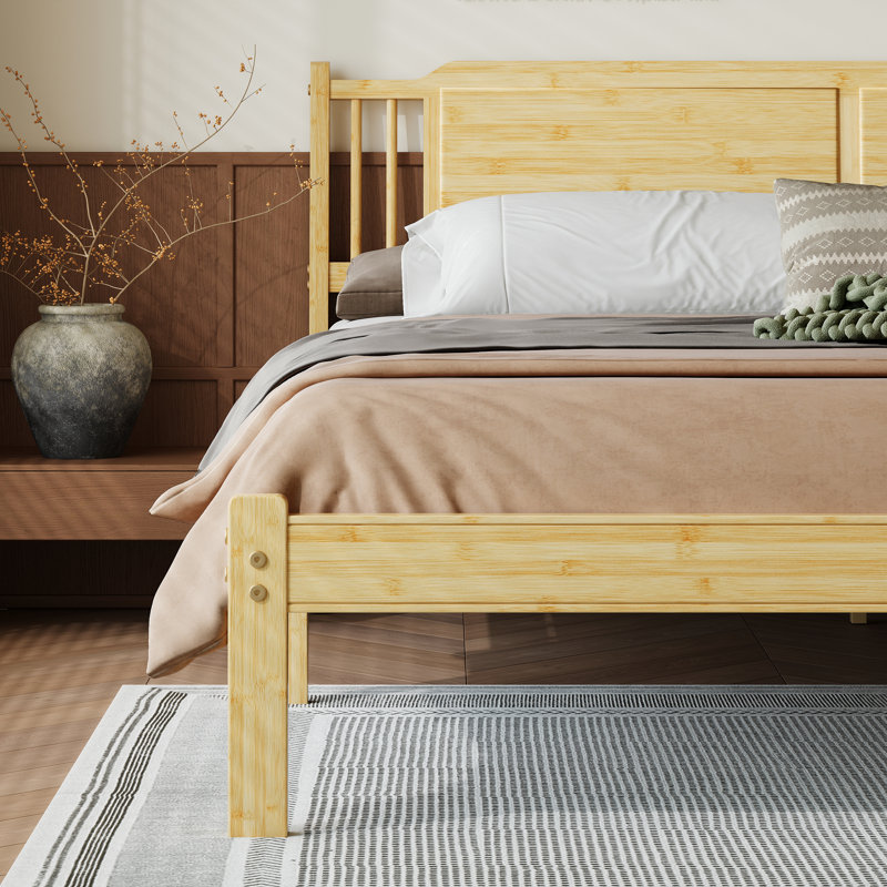 14 Inch King Size Bed Frame, Solid Wood Platform Bed With Slatted Headboard & Slats Support, No Box Spring Needed, Easy Assembly, Natural