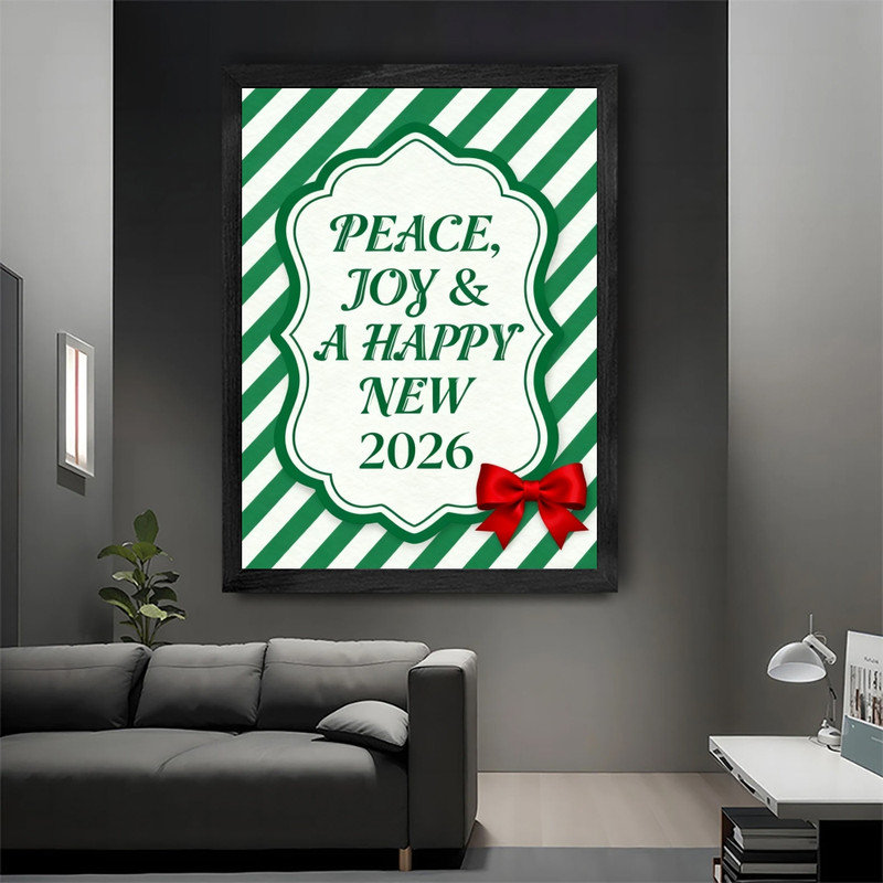 «Black Peace and Joy Christmas New Year 2026 Wall Art Festive Retro Elegant», encadré noir, H 17 po x l 13 po