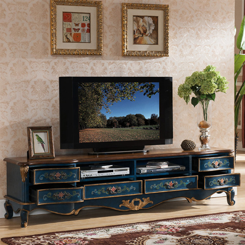 Meuble télé classique à poignée rétro, Bleu, 70.87"