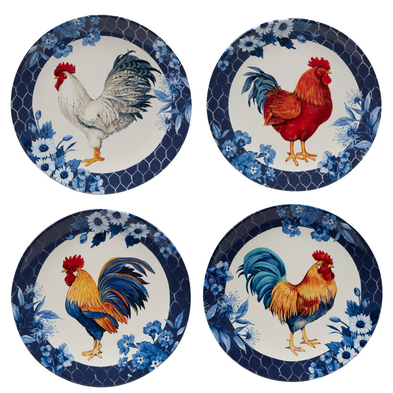 Indigo Rooster Ceramic 16-Piece Dinnerware Set, Service for 4