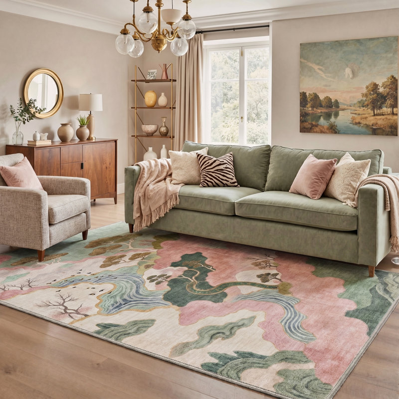Ascentia Rustic Machine Washable Pink / Green / Beige Indoor Area Rug with Non-Slip Backing, Rectangle 6' x 9'