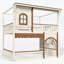 Lit superposé double au-dessus d'une chambre double avec escalier de rangement, fenêtre, bibliothèque latérale et espace inférieur convertible pour dormir ou jouer, structure en bois massif, beige et naturel profond-133491150