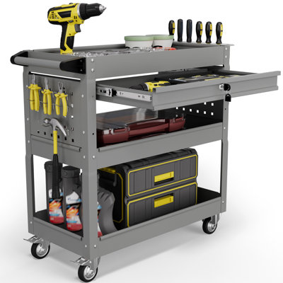 3 Tier Tool Cart with Locking Drawer - Metal Service Cart for Mechanic（Gray）