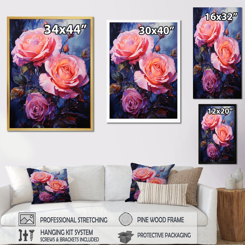Fleur de néon rose sur toile, H 40 po x l 30 po x P 1,5 po, Cadre naturel flottant