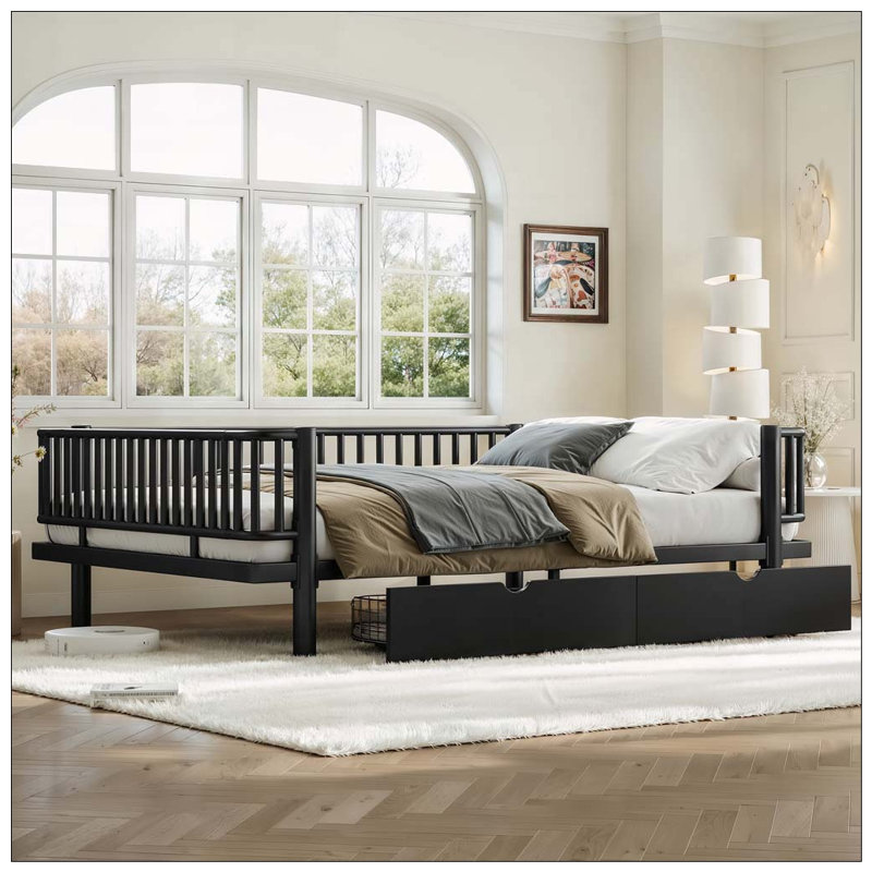 Platform Bed with Storage Drawers, Grand lit, Noir