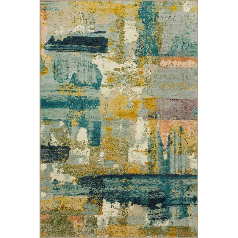 Yellow And Blue Pastel Painted Decorative Washable Carpet, Rectangle 5'2" x 7'7"