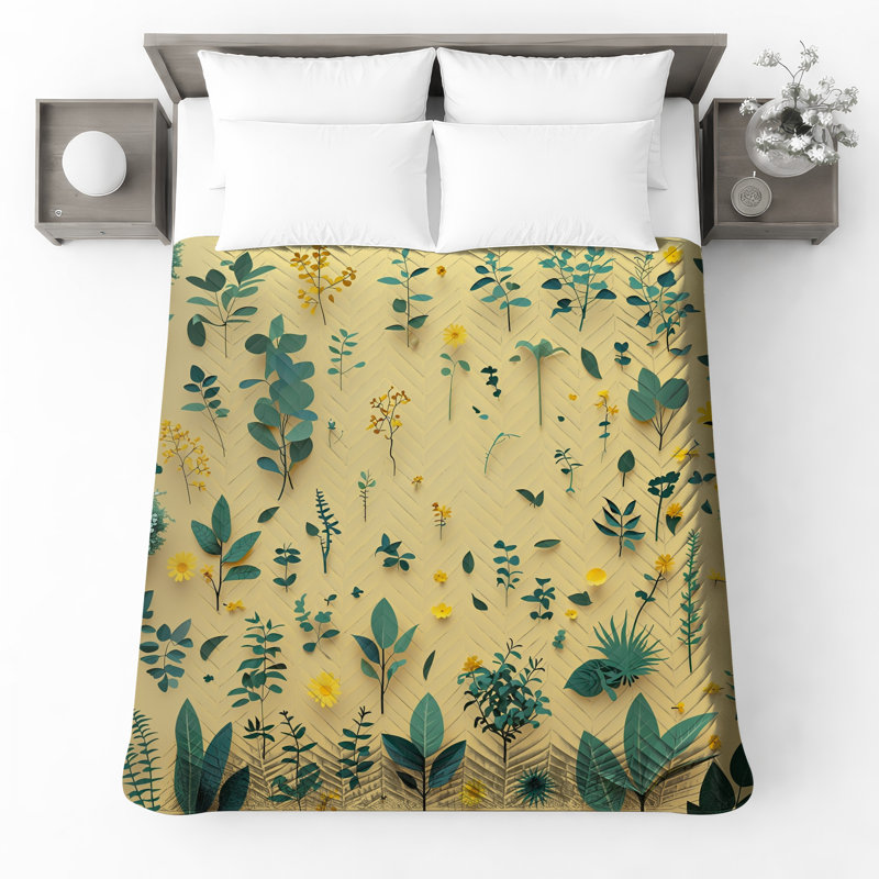 Couvre-lit matelassé botanique jaune vert toutes tailles, Lit simple