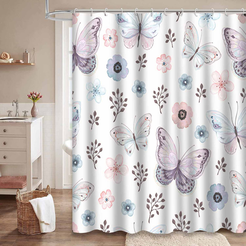 Rideau de douche à motif floral avec 12 papillons, L 72 po x l 72 po