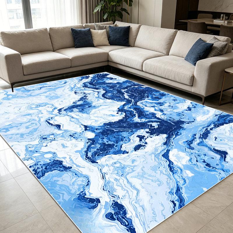 1PC Blue and White Fluid Marble Abstract area rugs for Living Room, Soft and Comfortable, Suitable for all seasons, easy-to-maintain, machine washable Indoor floor mat, Under Table Farmhouse suitable for dining table, bedroom, entryway, patio,