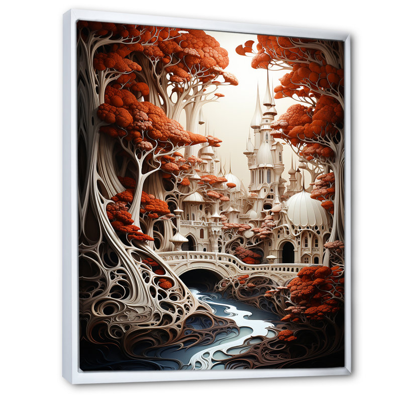 Paysage de château surréalisme fantastique sur toile, Cadre flottant blanc, H 32 po x l 16 po x P 1 po