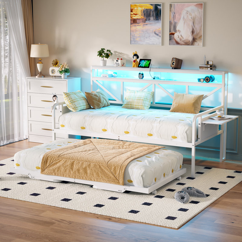 Lit double avec lit gigogne escamotable, cadre de lit en métal robuste avec éclairage DEL et étagères de rangement, White