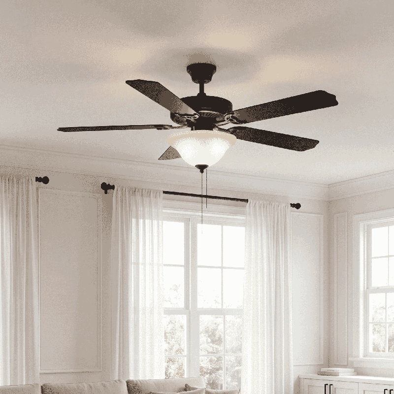 52" Garrett 5 - Blade Standard Ceiling Fan in Natural Brass with Walnut and Black Blades with Pull Chain and Light Kit Included