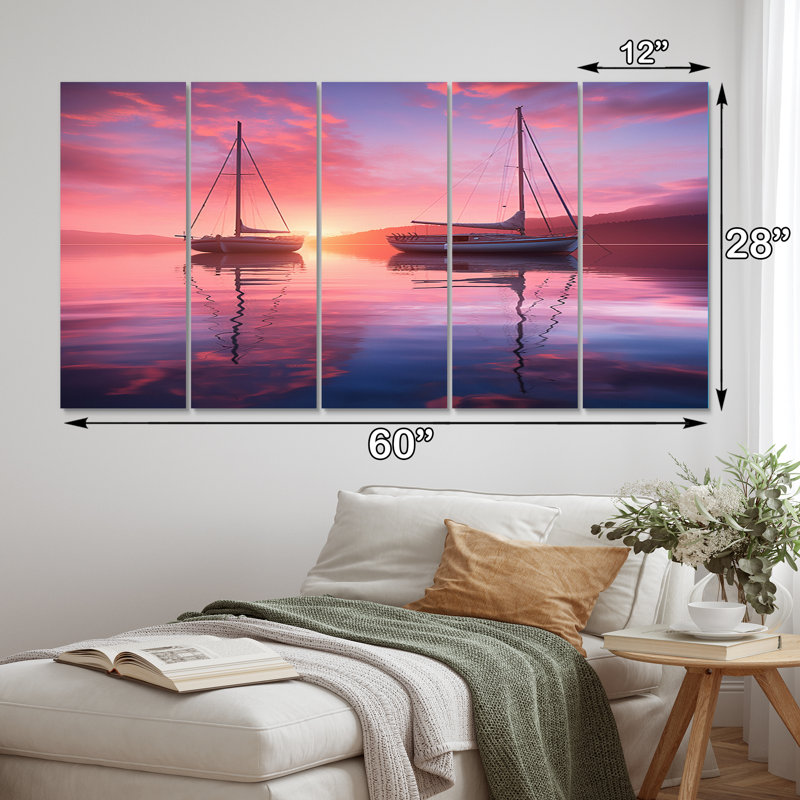 Voilier rose bleu coucher de soleil réflexion II - bateau décoration murale - 5 panneaux égaux