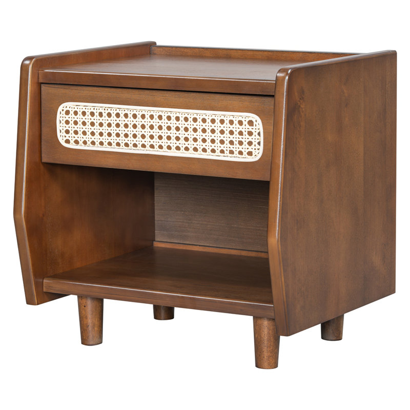 Table de chevet avec détails en rotin, Noyer