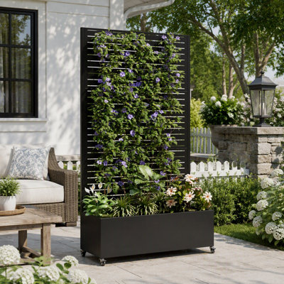 Boîte à fleurs surélevée en métal galvanisé avec treillis et roues verrouillables pour plantes grimpantes d'extérieur