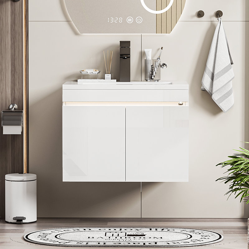 Bathroom Vanity W/sink Combo, High Gloss Bathroom Cabinet, Smart Wall Mounted Sink Cabinet Auto Motion Sensor Led Light, Modern Floating Vanity With Faucet