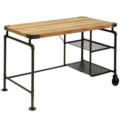 Industrial Inspired Desk With An Antique Black Metal Construction Replicated Wood Top And Caster Wheel Accents