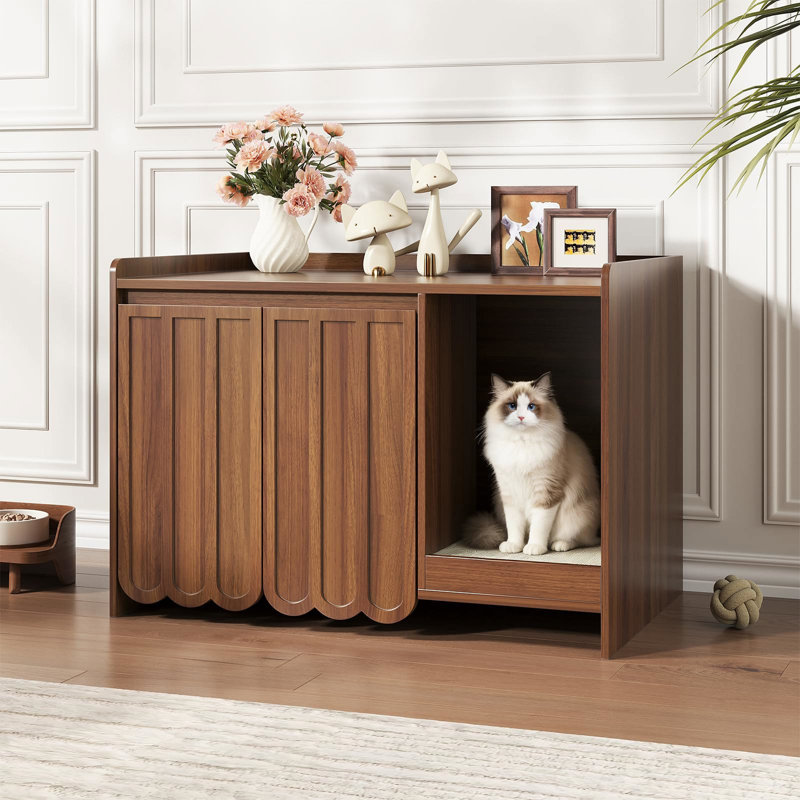 Enceinte cachée pour litière pour chat, armoire à chat décorative en bois avec patin à griffer, Noyer