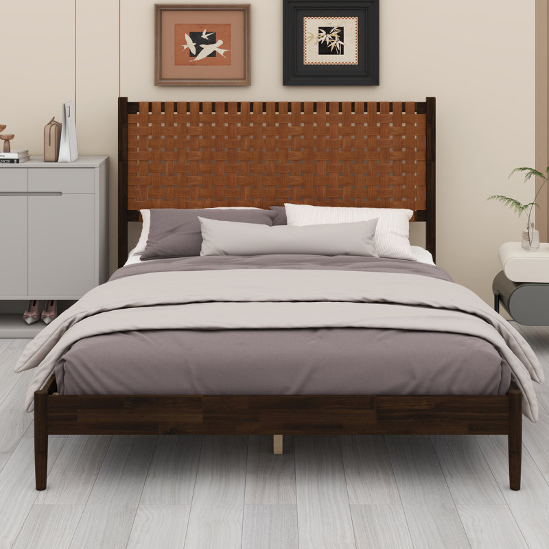 Lit plateforme en cuir tissé à la main de style Mid-Century, Queen, Dark Brown