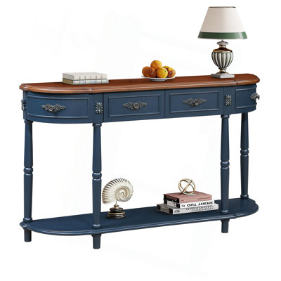 Retro Curved Wood Console Table, 52 Inch Circular Half Moon Sofa Table With Open Shelf And 2 Drawers, Solid Wood Entry Table For Living Room, Hallway