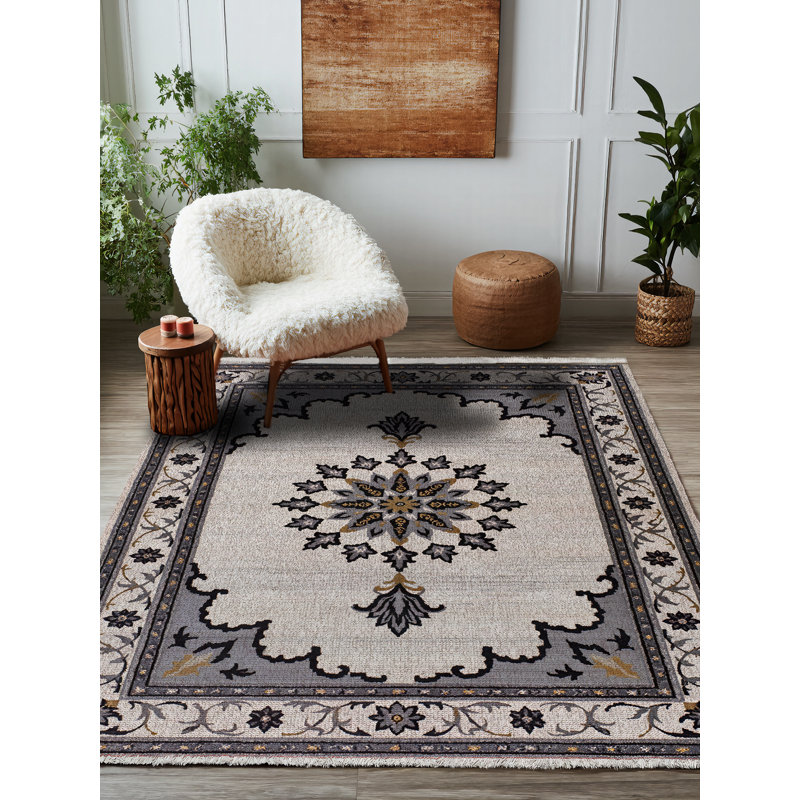 Isabel Collection Digital Print Cotton-Polyester Gray Moroccan Rug, Round 3'4"