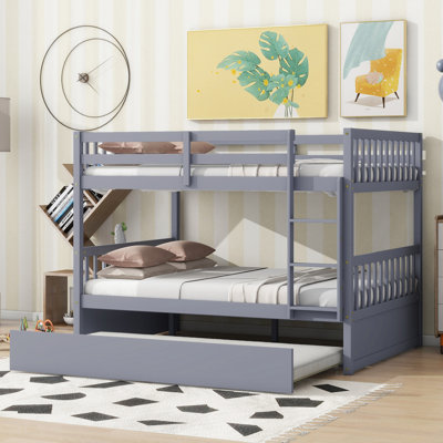 Lit superposé double en bois d'hévéa double avec lit gigogne, échelle et garde-corps, convertible en deux lits doubles, idéal pour des solutions de couchage polyvalentes