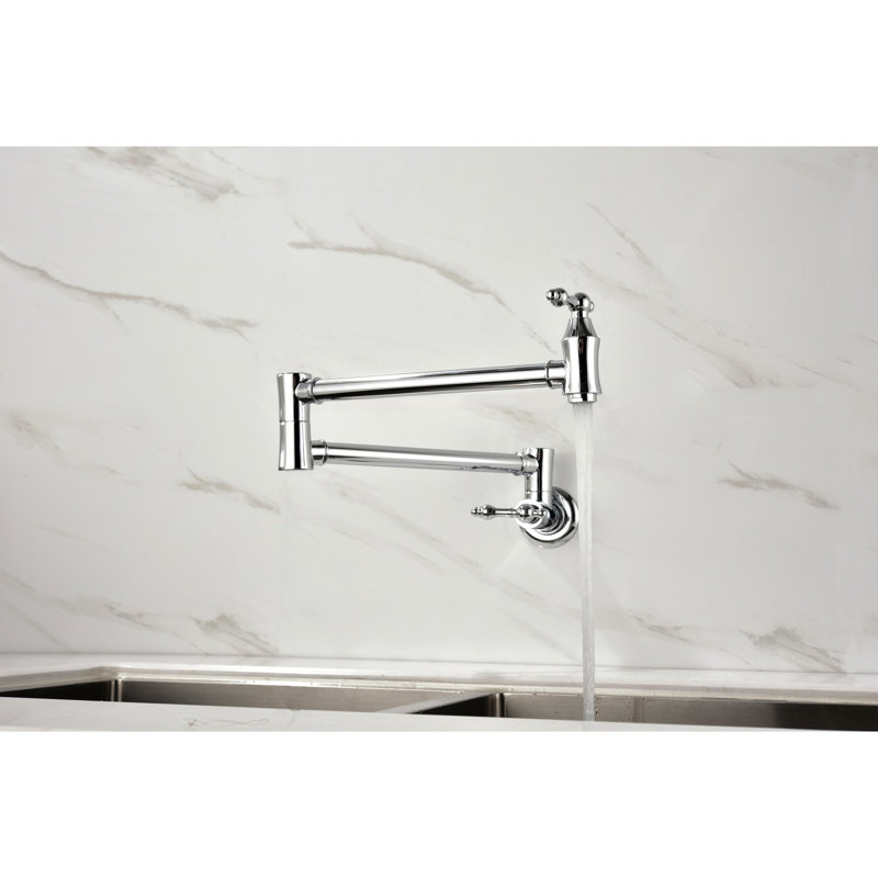 Wall Mount Pot Filler Faucet - Brass, Arm For Easy Filling, Double Handles Smooth Water Control, Fingerprint Finish - Reach To Pots, Precise Discharge Coating