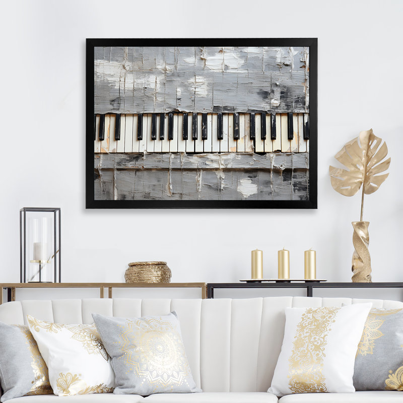 Minimalisme, touches de piano grises et blanches - musique, art mural de piano pour le salon, Cadre d'angle fermé noir