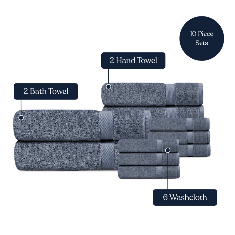 Delara Organic Cotton Plush Towel Set of 10, GOTS & OEKO-TEX Certified, 650 GSM, Soft, Quick-Dry, Absorbent, Hotel Quality