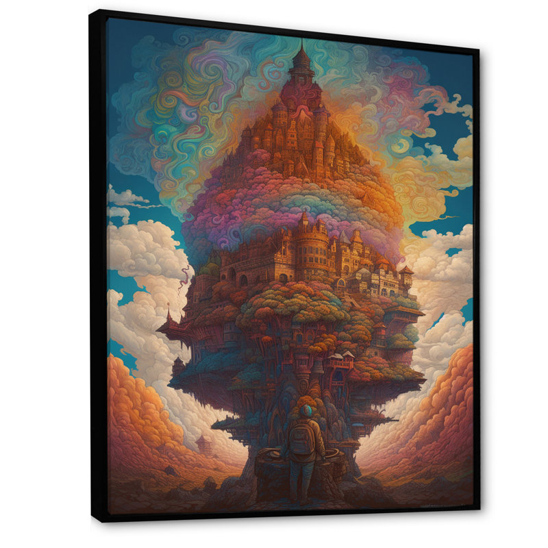 Ancien temple dans un paysage de coucher de soleil de rêve I - impression, Cadre flottant noir, H 32 po x l 24 po x P 1 po